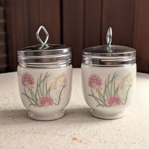 Two Porcelain Egg Coddlers - Larger Size - By Stafford - Herb & Spice Design
